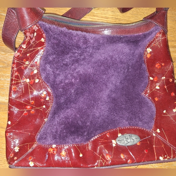 John Fluevog Floral Burgundy Shearling Sling Bag Purse - Picture 14 of 15